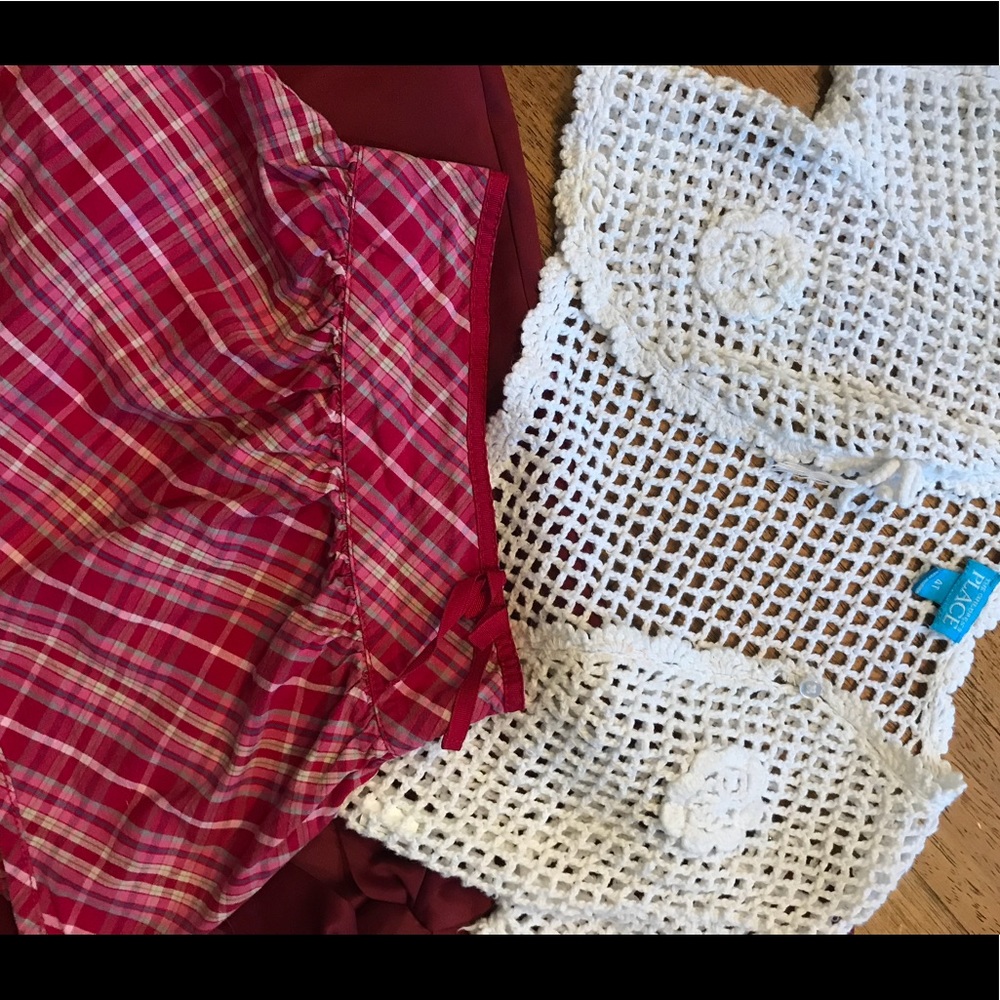 Burgundy silk girls dress, and plaid girls skirt
